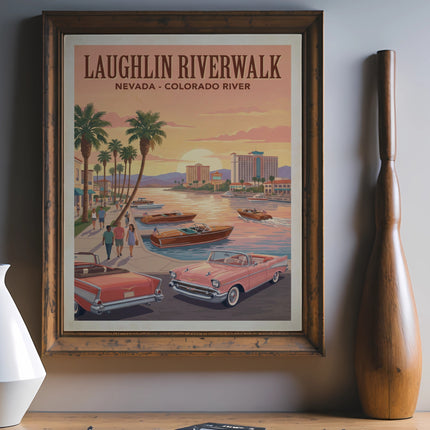 Laughlin Riverwalk Nevada Colorado River vintage poster with classic cars and boats.
