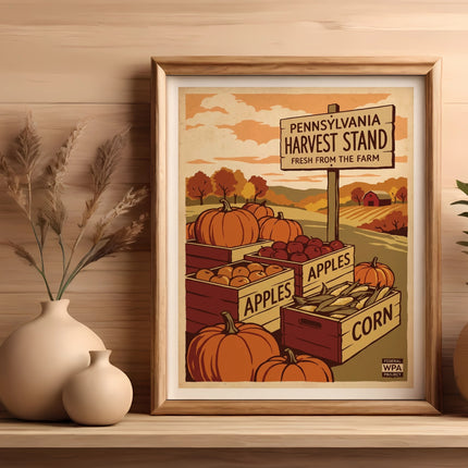 Pennsylvania Harvest Stand poster with apples and corn crates.