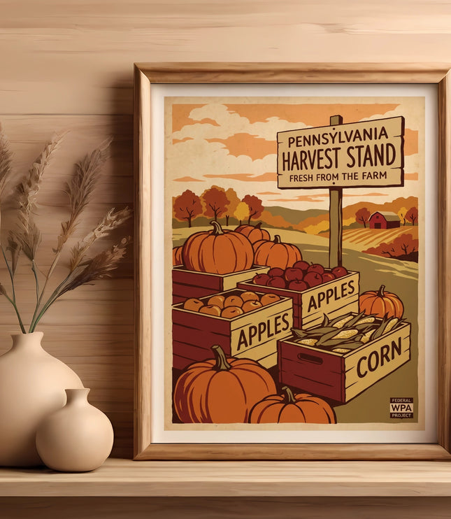 Pennsylvania Harvest Stand poster with apples and corn crates.