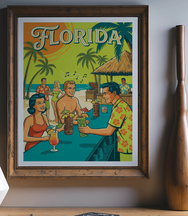 Framed art print of a retro Florida beach scene with people at a bar.