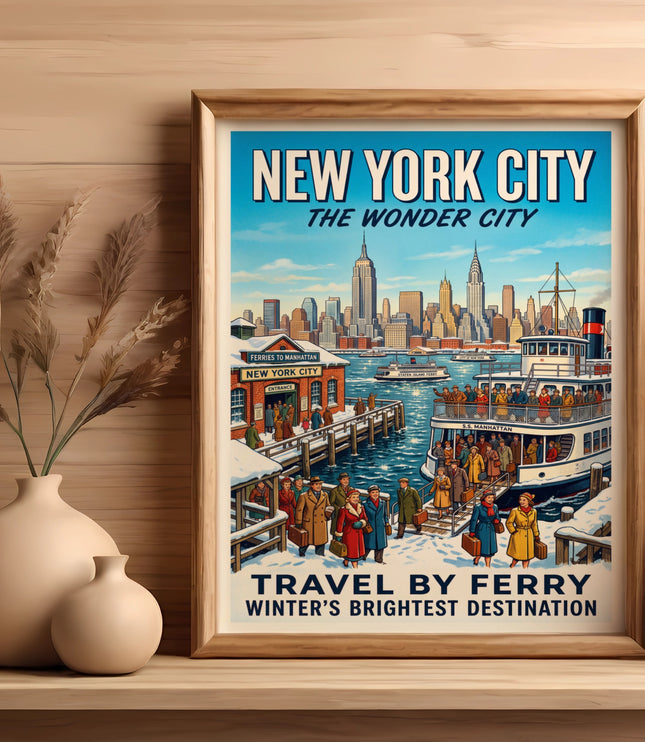 New York City winter ferry travel vintage travel poster with skyline and S.S. Manhattan.