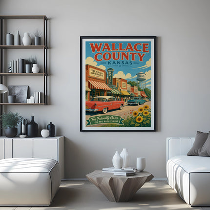 Retro Wallace County, Kansas poster with cars, flowers, and building facades.