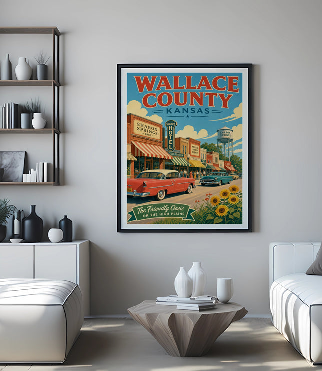 Retro Wallace County, Kansas poster with cars, flowers, and building facades.
