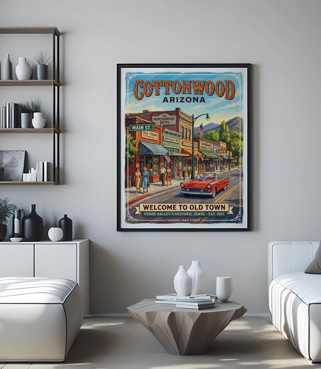 Vintage poster of Cottonwood, Arizona's historic Main Street with a red car.