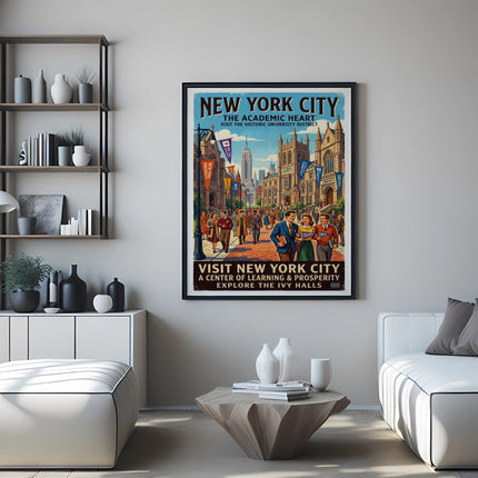 New York City Academic Heart poster with university buildings and people.