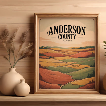 Framed Anderson County Kansas map with rolling hills and text labels.