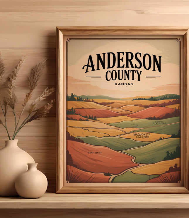 Framed Anderson County Kansas map with rolling hills and text labels.