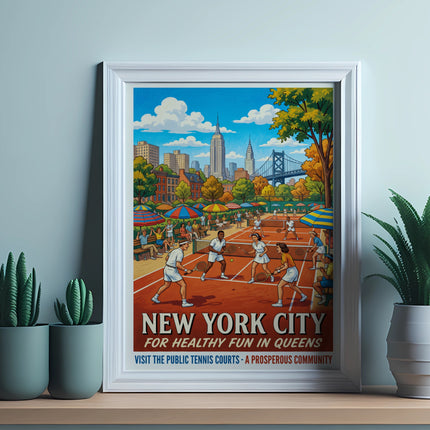 Vintage "New York City for Healthy Fun in Queens" poster with tennis scene.