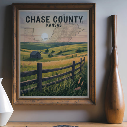 Framed map of Chase County, Kansas, showing roads and a rural landscape.
