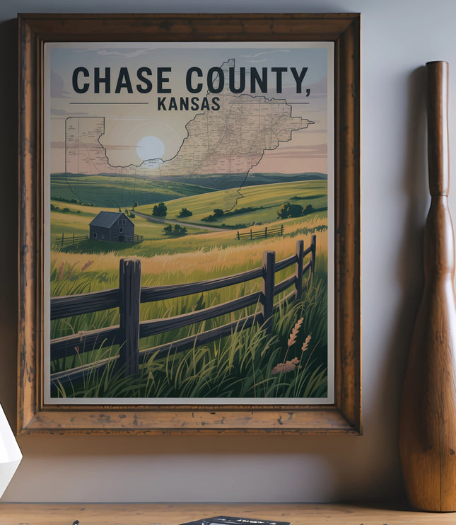 Framed map of Chase County, Kansas, showing roads and a rural landscape.