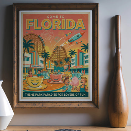 Florida theme park poster with roller coasters, rockets, and smiling people.