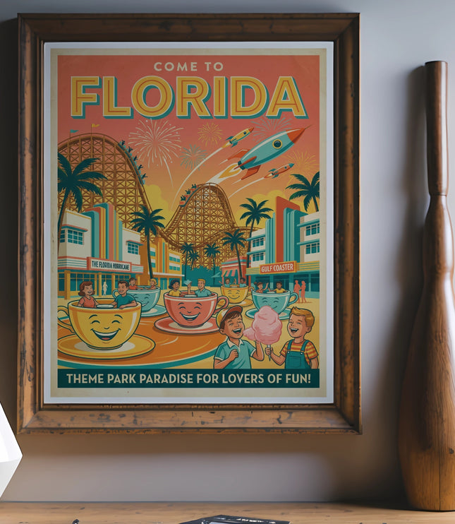 Florida theme park poster with roller coasters, rockets, and smiling people.