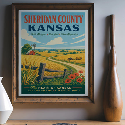 Sheridan County Kansas vintage travel poster with farmland and text.