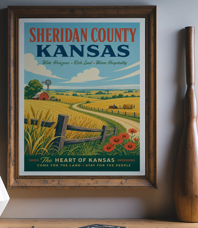 Sheridan County Kansas vintage travel poster with farmland and text.