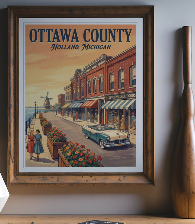 Ottawa County, Holland, Michigan retro poster with vintage car and windmill.