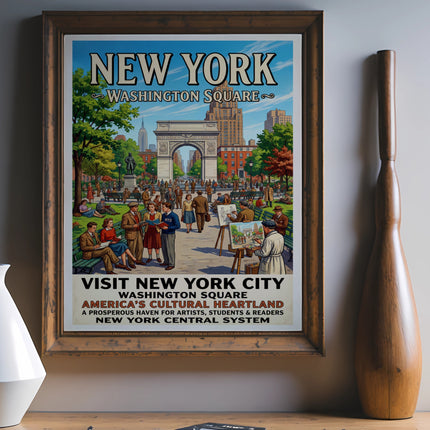 New York Washington Square vintage travel poster with Union Square and art students.