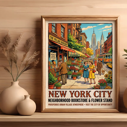 New York City poster of a bookstore, flower stand, and Empire State Building.