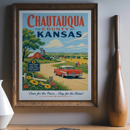 Chautauqua County Kansas vintage travel poster with car and farm scene.
