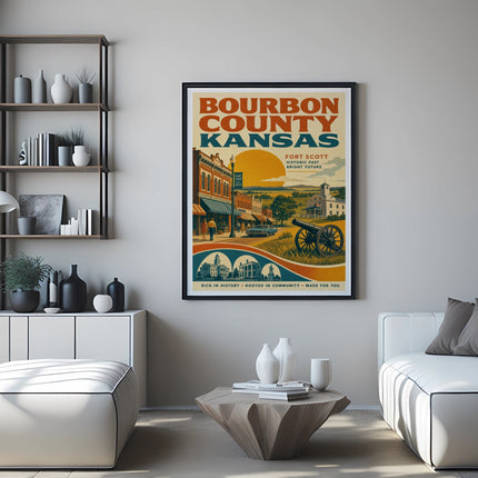Bourbon County, Kansas Fort Scott poster with vintage illustration of town square and text.