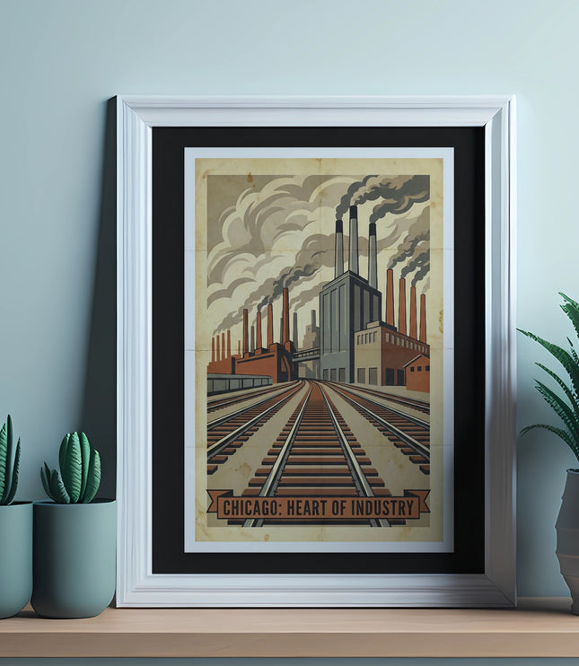 Framed vintage-style poster of Chicago industry with factories and train tracks, reading "Chicago: Heart of Industry."