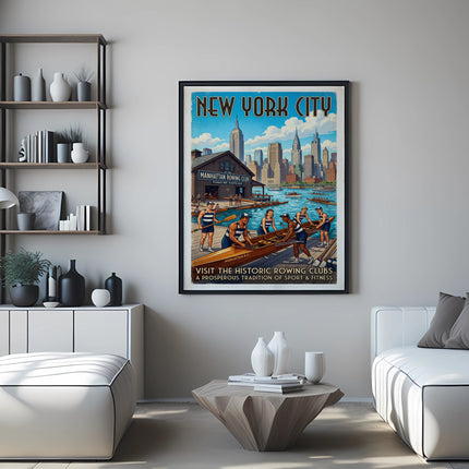 New York City Manhattan Rowing Club vintage poster with rowers.