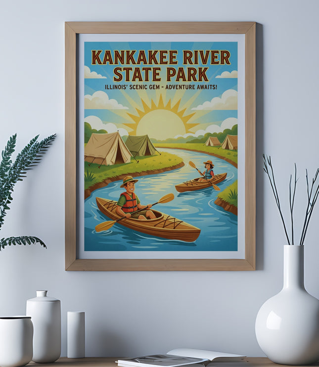 Kankakee River State Park vintage poster with kayakers and tents.