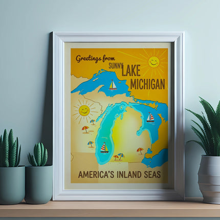 Framed "Greetings from Sunny Lake Michigan" postcard with beach scenes and sun.
