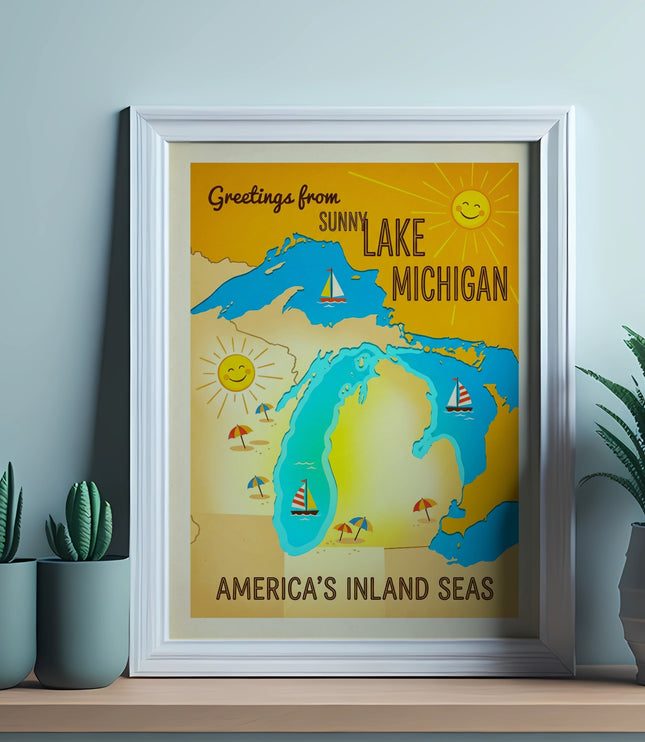 Framed "Greetings from Sunny Lake Michigan" postcard with beach scenes and sun.