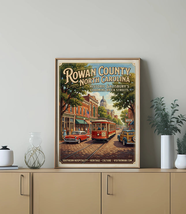 Rowan County North Carolina poster with vintage trolley, car and buildings.