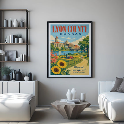 Poster for Lyon County, Kansas, featuring sunflowers and a landscape.