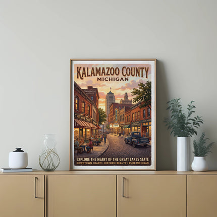 Kalamazoo County Michigan vintage travel poster with downtown street scene and text.