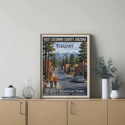 Vintage travel poster for Flagstaff, Arizona showing a street scene with mountains and text.