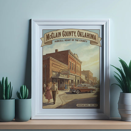 Vintage poster of Main Street in Purcell, Oklahoma, with a diner and people.