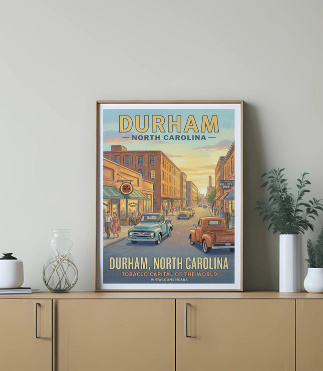 Vintage illustration of Durham, North Carolina with "Durham, North Carolina - Tobacco Capital of the World" text.