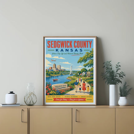 Sedgwick County Kansas poster with text about the Arkansas River.