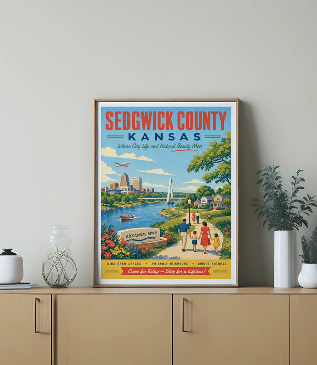 Sedgwick County Kansas poster with text about the Arkansas River.