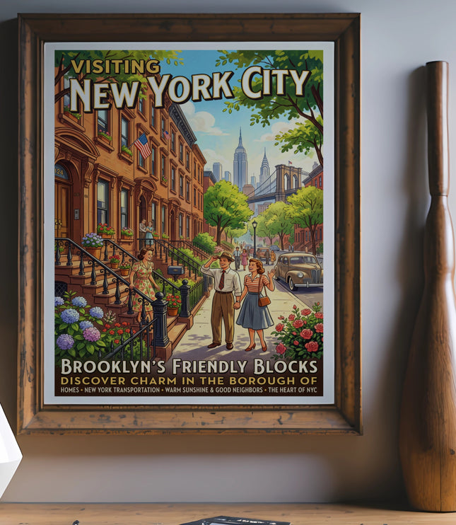 Vintage poster of Brooklyn's friendly blocks with New York City skyline.