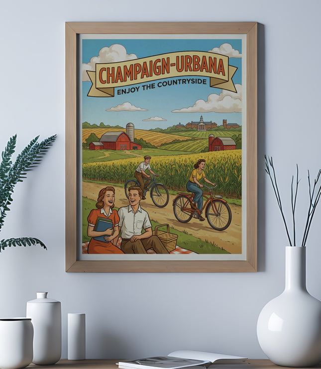 Champaign-Urbana Enjoy the Countryside vintage poster with farm and cycling.