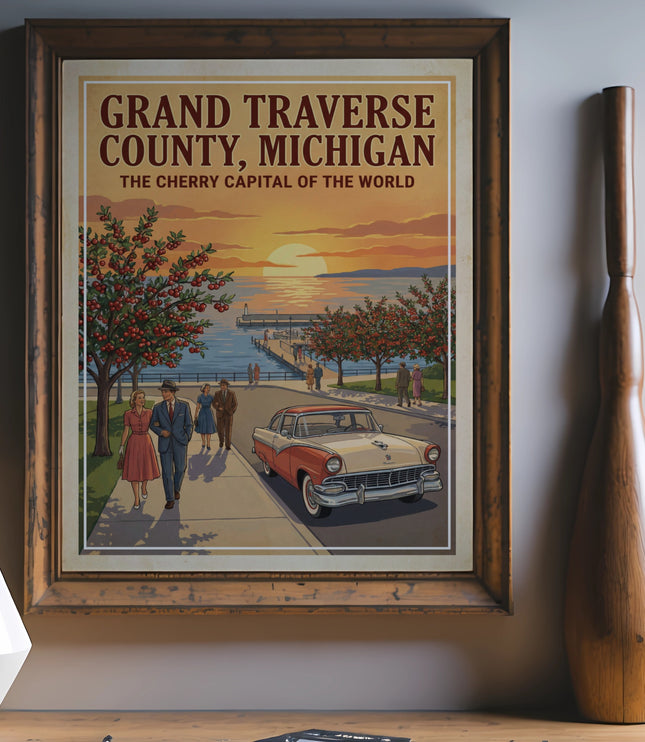 Grand Traverse County Michigan poster featuring vintage car and cherry trees by the water.