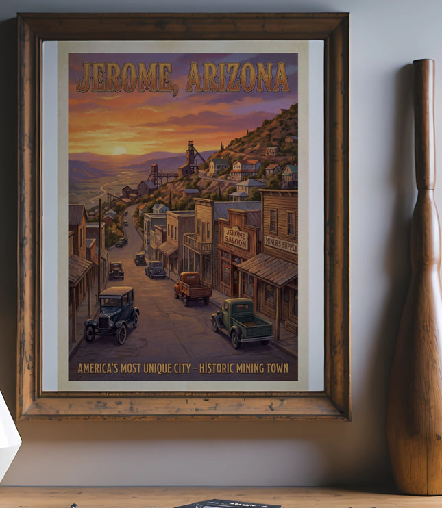 Jerome, Arizona poster depicting a historic mining town with vintage cars and sunset.