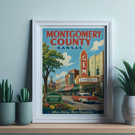 Vintage poster for Montgomery County, Kansas, featuring Independence's Gem Theater.