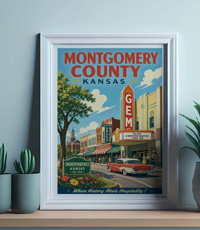 Vintage poster for Montgomery County, Kansas, featuring Independence's Gem Theater.