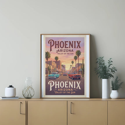 Phoenix Arizona Valley of the Sun vintage poster with cars and palm trees.
