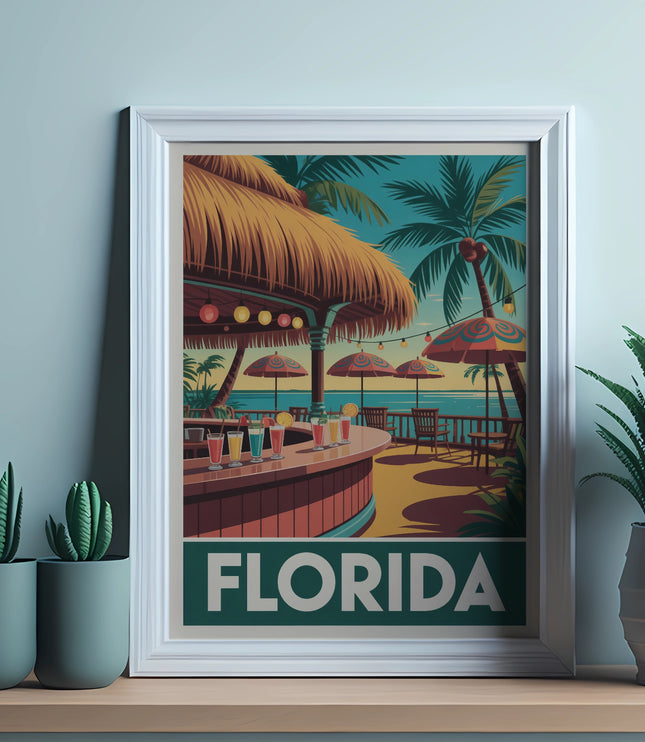 Vintage Florida beach bar poster with drinks, umbrellas, palm trees, and text.
