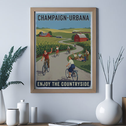 Vintage poster of people cycling and picnicking in a countryside setting.