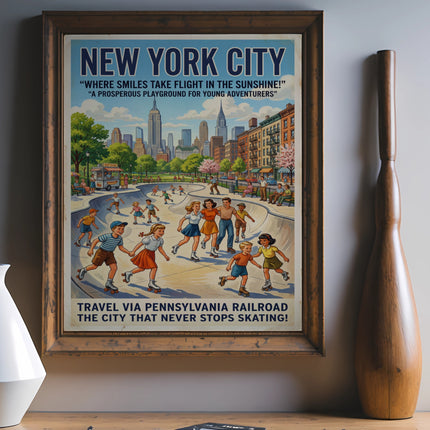 New York City poster with children skating, Pennsylvania Railroad travel, and city skyline.