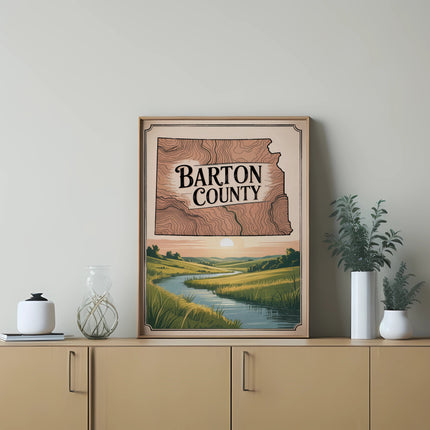 Framed map of Barton County with rolling hills and a river.
