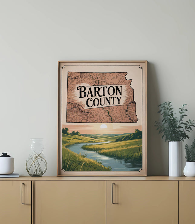 Framed map of Barton County with rolling hills and a river.