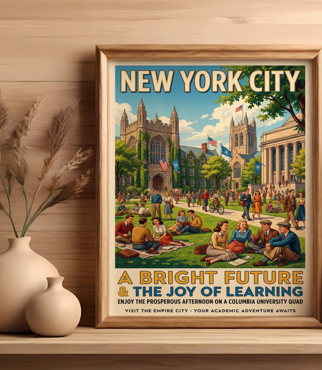 Vintage poster of Columbia University quad with "A BRIGHT FUTURE & THE JOY OF LEARNING."