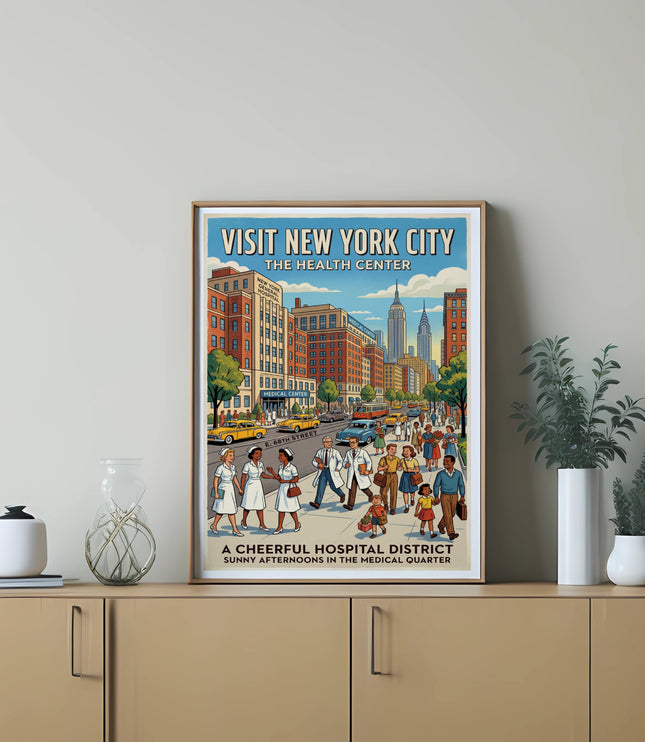 Vintage New York City poster depicting hospital district with people and cars.